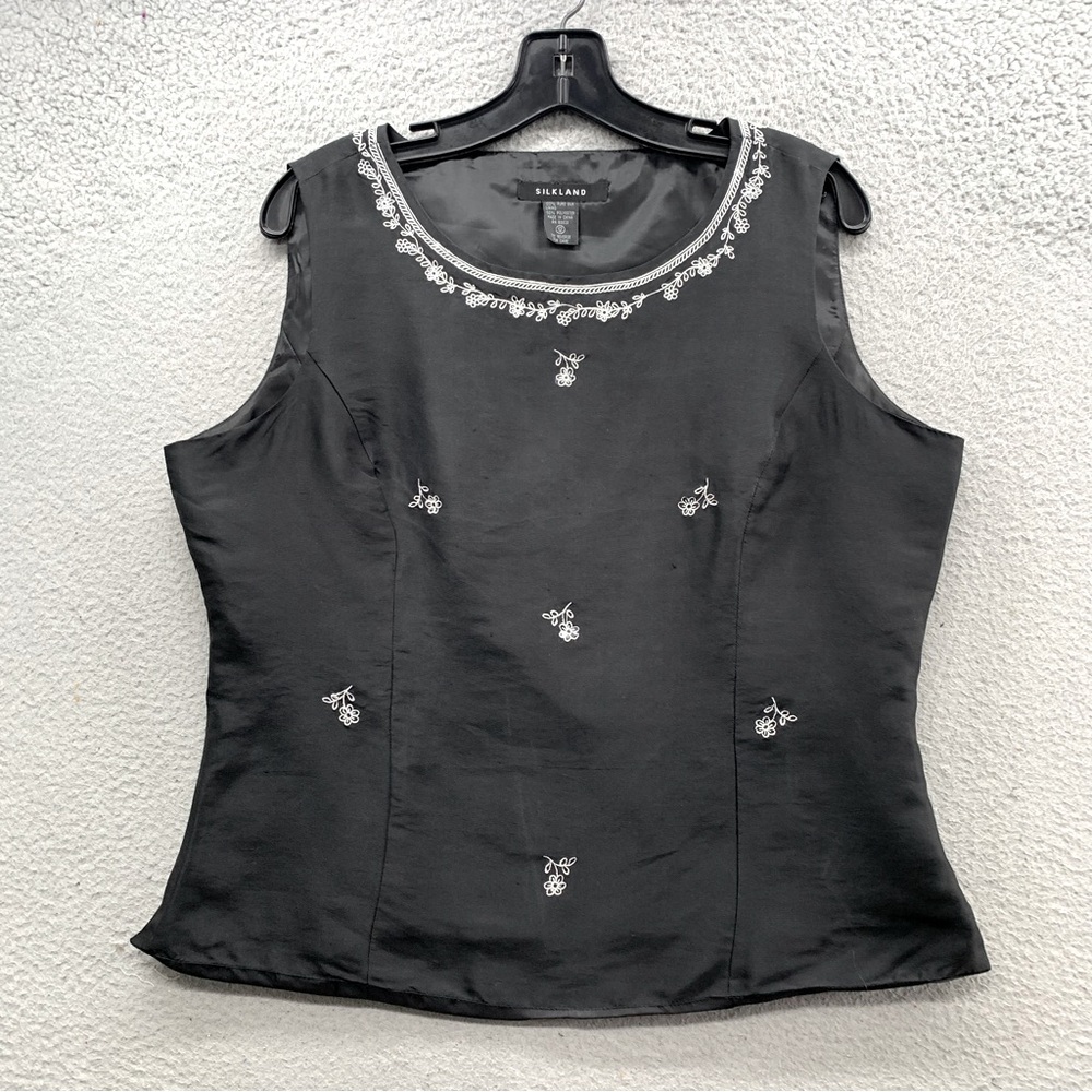 Silkland 100% Silk Black Floral Embroidered Sleeveless Top Blouse Lined Size 12